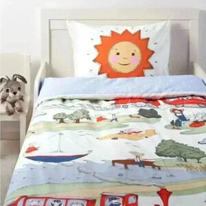 IKEA Utelek Reversible Twin Duvet Cover Trains Planes Animals Sun/Rain Whimsical